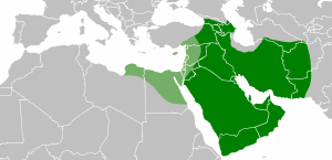 The Caliphate as it had shrunk under Ali; the light green are the areas that were eventually in open revolt against him.