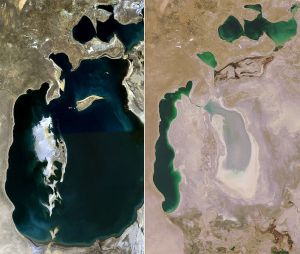 The Aral Sea; believe it or not, the "before" picture is from 1989, and the "after" from 2008, so it's dried out that much in only about 2 decades.